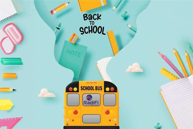 RadiFi Credit Union back-to-school supply drive collection box with school supplies for local students